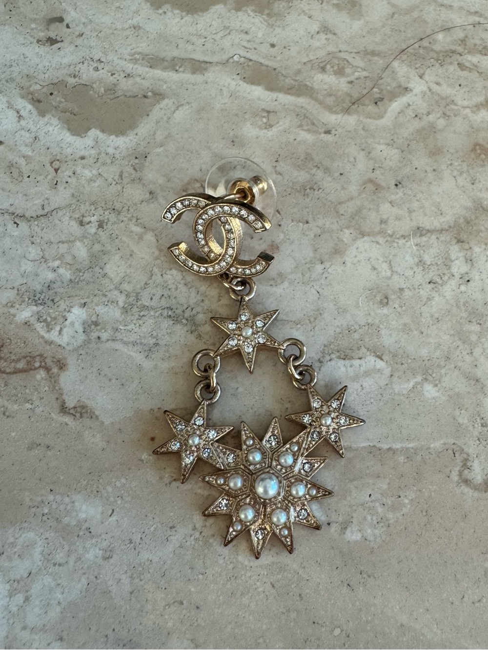 CHANEL Gold-Tone Crystal & Pearl Star Drop *SINGLE* Earring